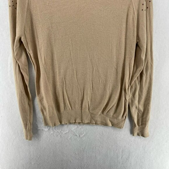 Mango Sweater Women Sz XS Brown Knitted Round Neck Rhinestone Shoulders Pullover - Picture 7 of 12